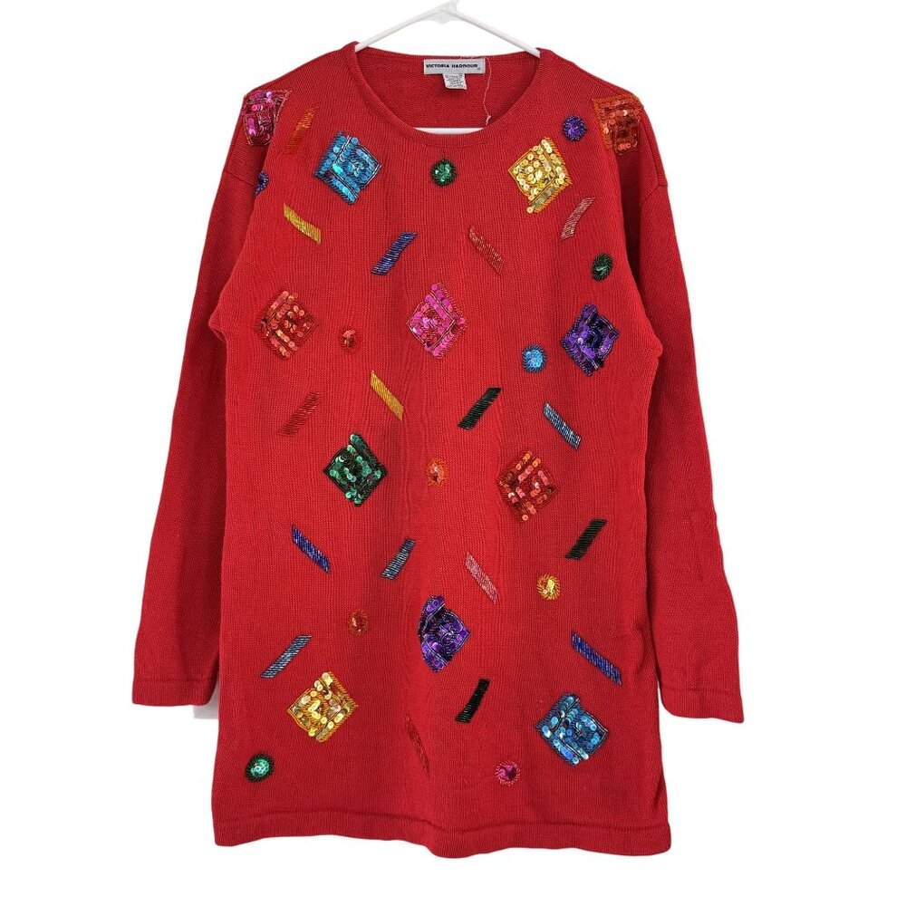 Vintage‎ Victoria Harbour Womens Red Sequin Beaded Statement Sweater 80s 90s M